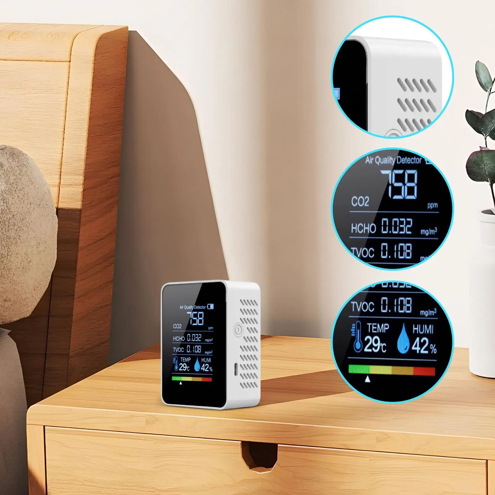 1pc Multifunctional 5in1 CO2 Meter Digital Temperature Humidity Tester Carbon Dioxide TVOC HCHO Detector Air Quality Monitor