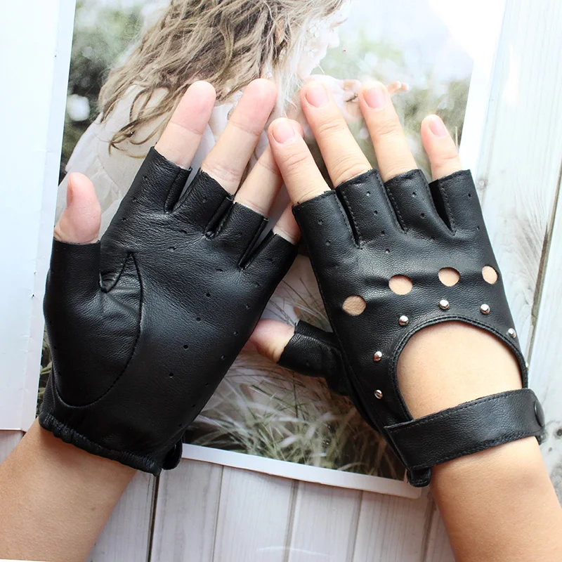 Four Seasons Driving Goat Leather Half Finger Gloves Women's Thin Unlined  Fashion Hollow Rivets Motorcycle Riding Fingerless