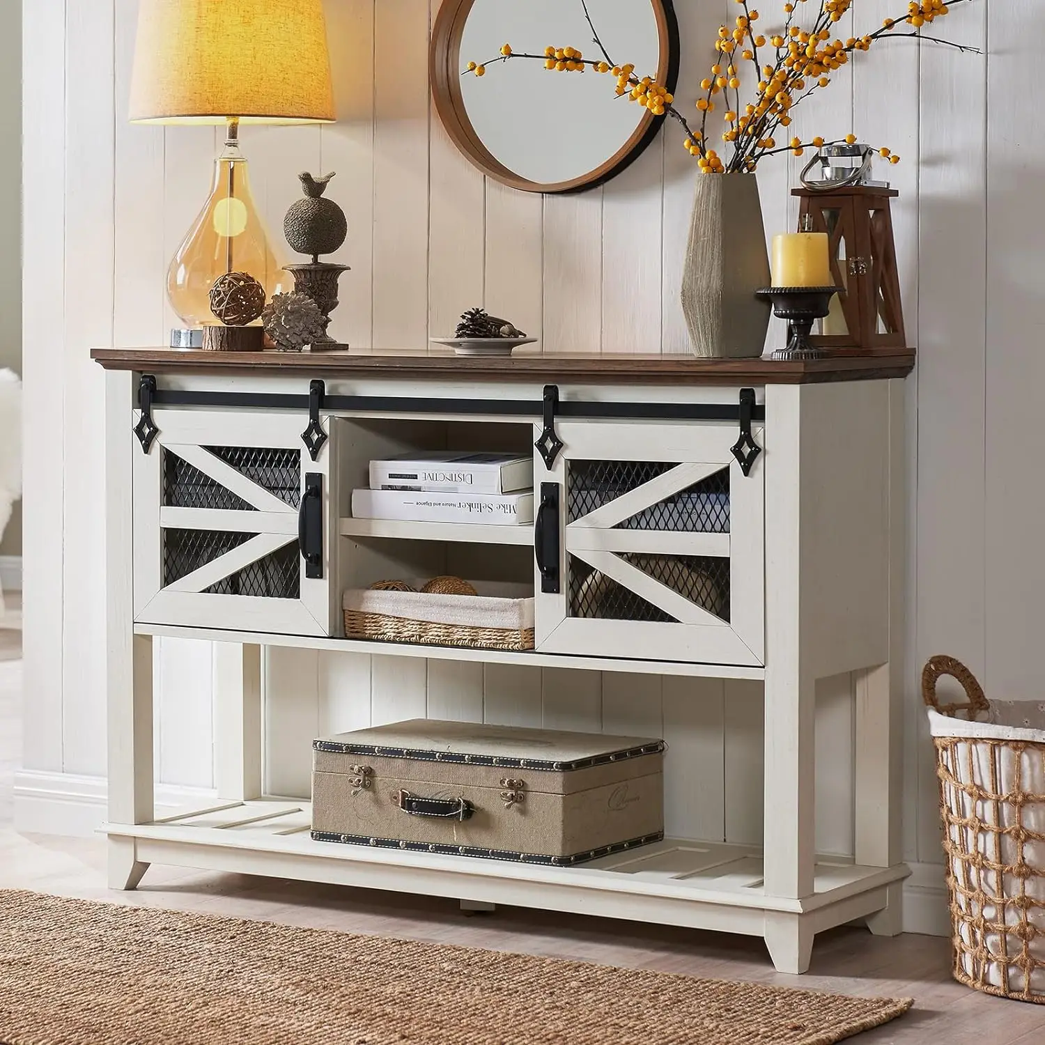 

OKD Entryway Table w/Sliding Barn Doors, 46'' Farmhouse & Industrial Rustic Console Sofa Table with Storage, w/Adjustable & Open