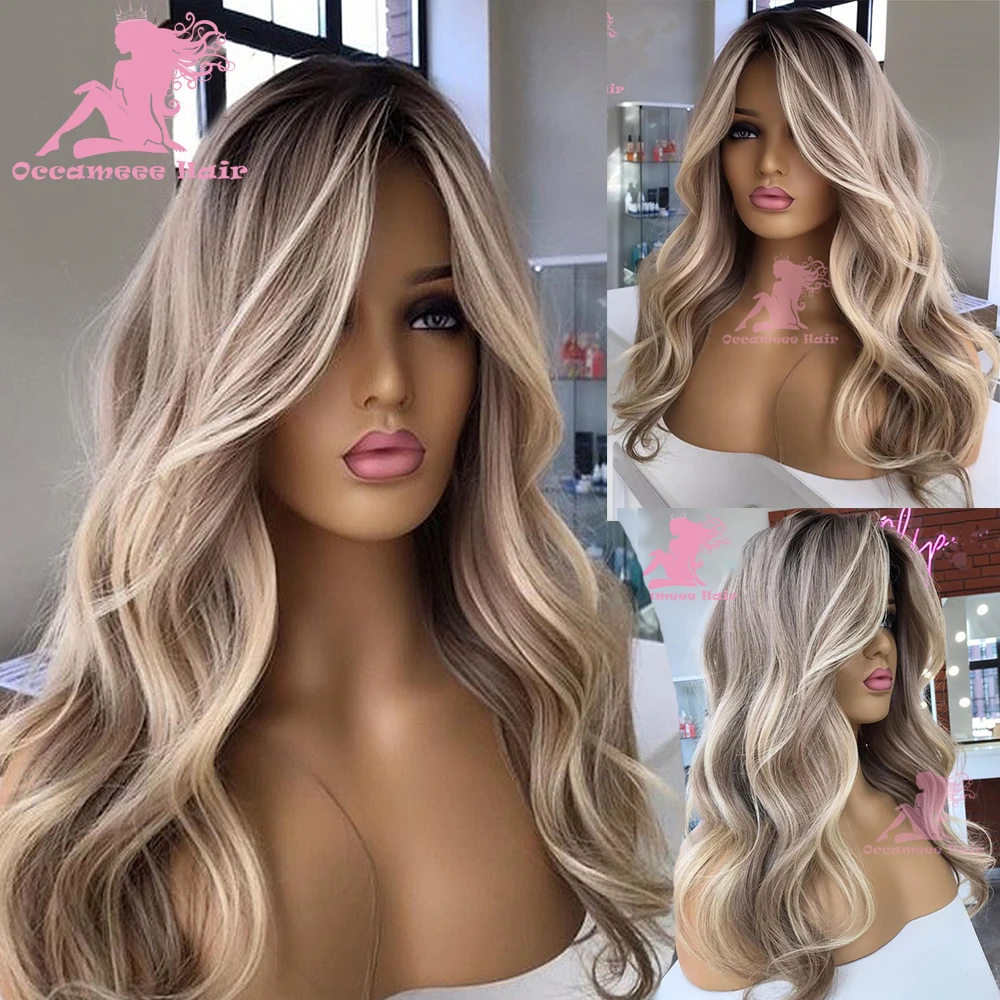 Highlights Ash Blonde Full Lace Wig Natural Wavy Brazilian Remy Human Hair Wig Glueless Lace Frontal Wig 13x6 Transparent Swiss