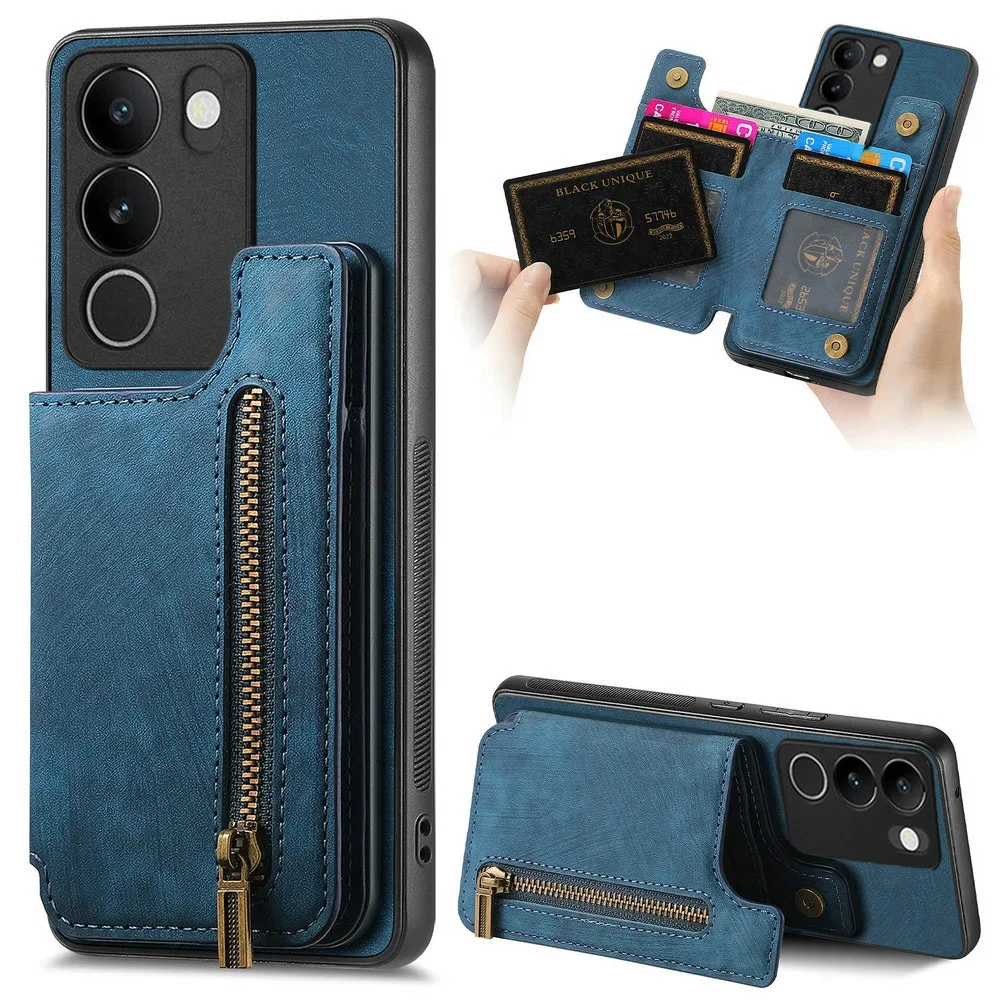 Zipper Leather Wallet Case with Card Holder and Back Cover