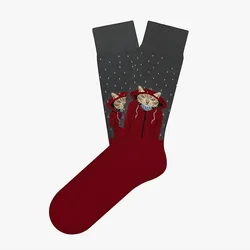 Whimsical Cartoon Cat Unisex Cotton Crew Socks - Fun Fashion Streetwear Stockings - One Size (Red Hat Cat)