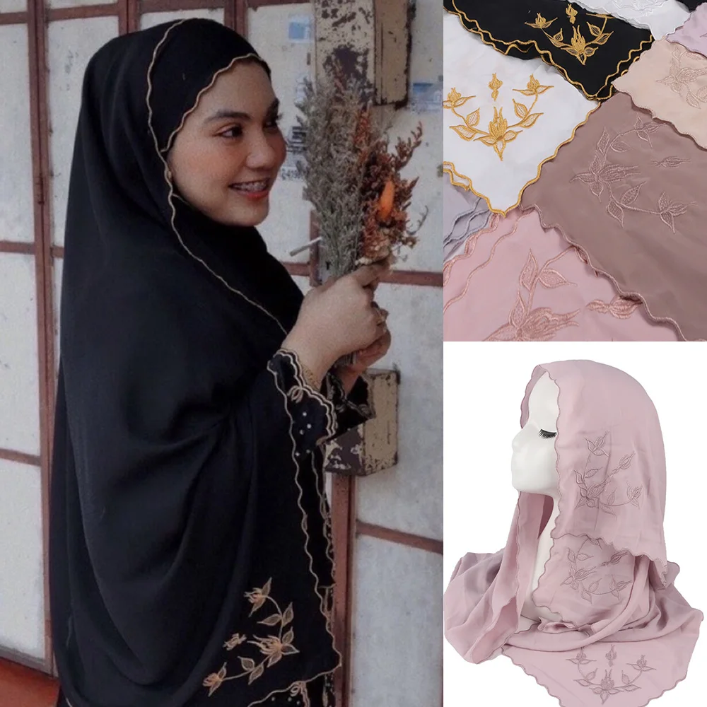 women chiffon scarf embroidered muslim scarves fashion flower long shawl wrap foulard femme hijab headscarf 180 70cm Muslim Fashion Hijab  Flower Shawl Sulam Kain Women Embroidered Chiffon  Scarf High Quality 180*70cm  Islamic Clothing Ready