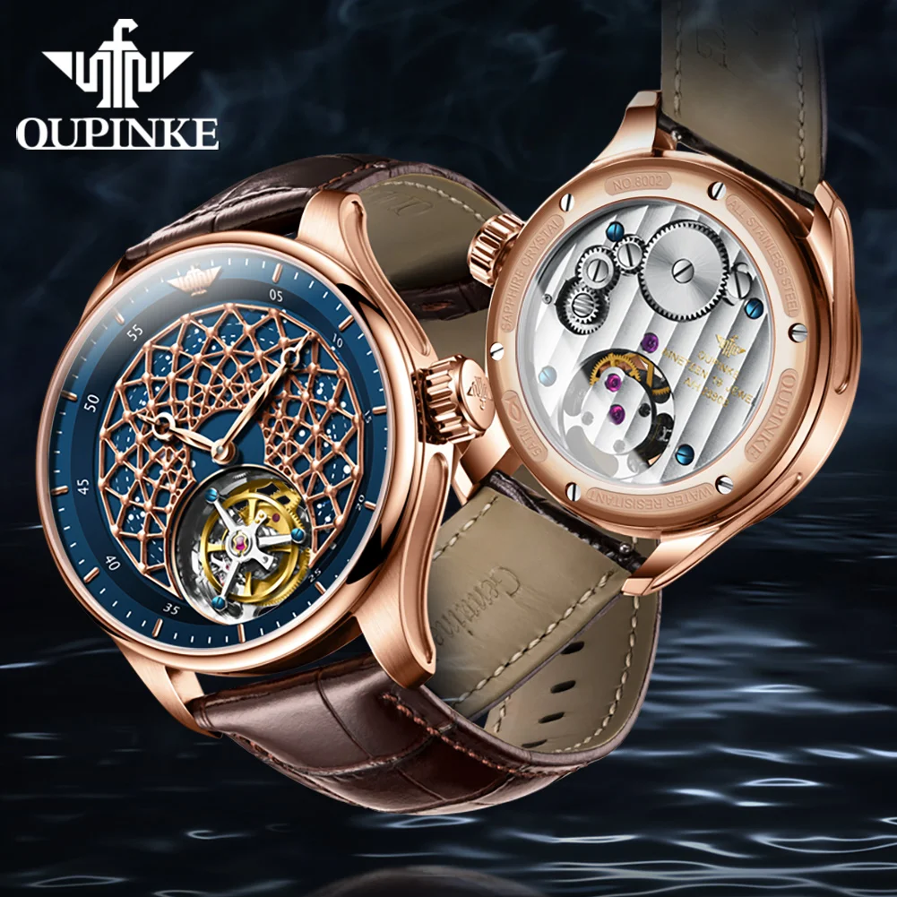 OUPINKE 8002 Tourbillon Watches For Men High-end Luxury Mechanical Wristwatch Man Original Brand Skeleton Flywheel Men's Watches
