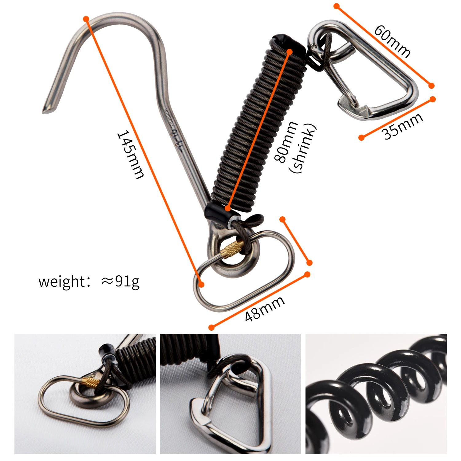 TiTo Titanium Reef Hook Scuba Diving Single Drift Hook with Telescopic Spring Rope for Diving Accessories Current Hook 6