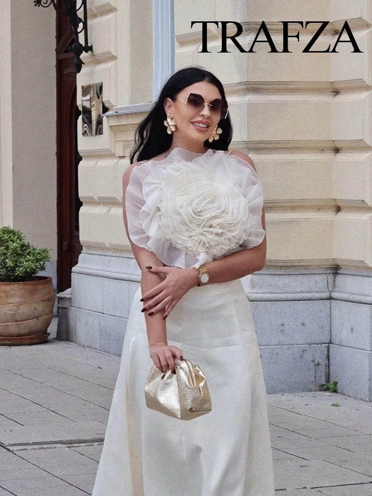 

TRAFZA Tops For Summer Women Fashion Solid Sleeveless Pleated Flowers Decorated Suspender Top Back Bow Lace-up Sexy Party Mujer