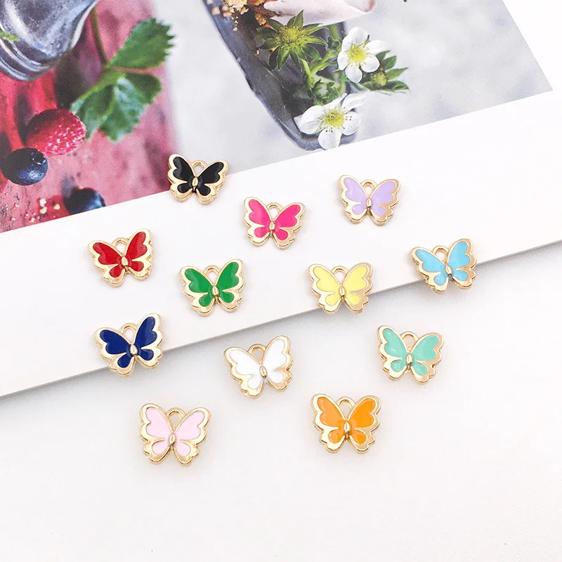 50Pcs 12 Colors Enamel Animal Pendants Cute Butterfly Charms for Keychain Jewelry Making DIY Handmade Earrings Supplies 11x11mm