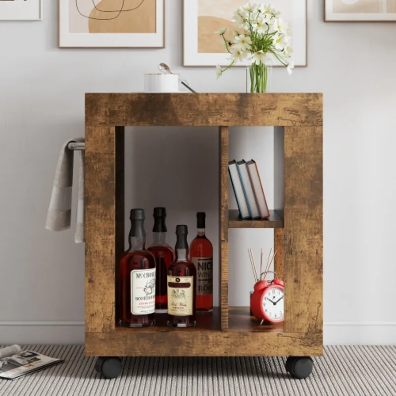 Mid-Century Modern Style Movable Side Cabinet Sofa, Household Brown Trolley Storage Locker And Shelf For Living Room 3