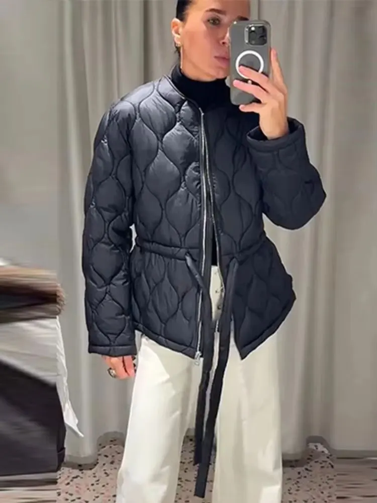 HH Women Casual Solid Quilted Zipper Coat Long Sleeve O Neck Belts Jacket For Woman Commuting Autumn Winter Warm Outwear