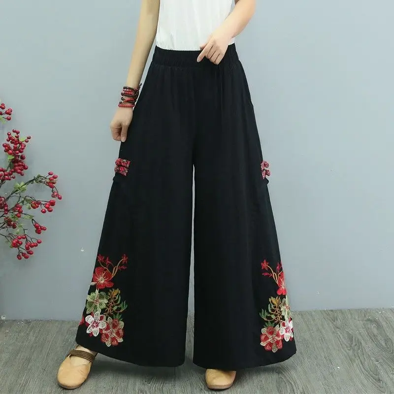 

Vintage Literary Embroidery Cotton and Linen Elegant Woman Dress Pants Korean Clothes Women Summer 2023 Trends Wide Leg Pants