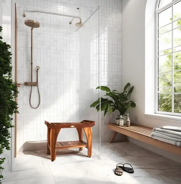 24 inch, Natural Wood, Teak Shower Bench, Shower Stool Wood,  LiftAide Arms, Bathroom Bench Seat, Shower Bench Waterproof 6