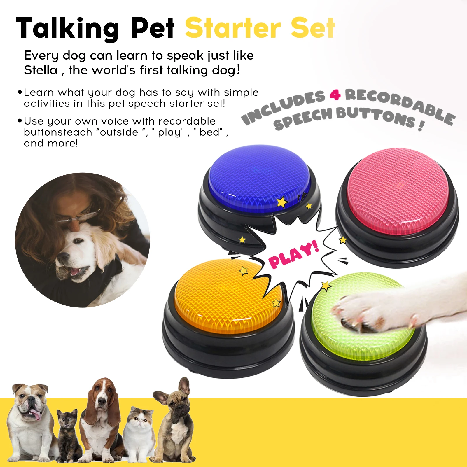 SuplutuX Buzzer Chien, Buzzer Enregistrable, Facile Transporter Voix  Enregistrement Sonore, Bouton pour Chien Interactif Jouet, Répondeur  Boutons, Rouge + Bleu + Vert +Jaune (Lot de 4) : : Animalerie