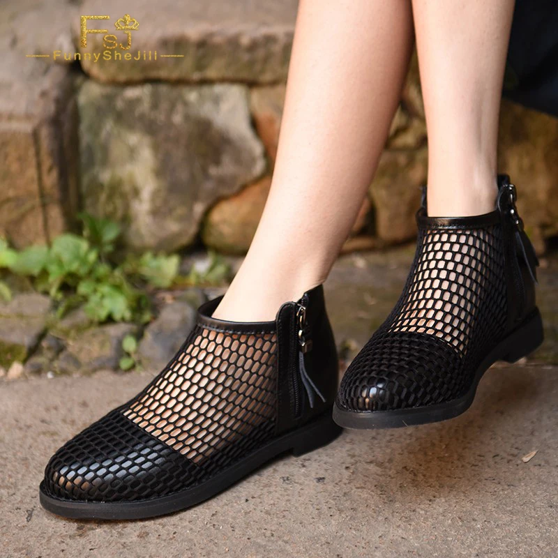 

Black Round Toe Booties Mesh Flat Cutout Fashion Ankle Boots Summer Ladies Large Size 15 16