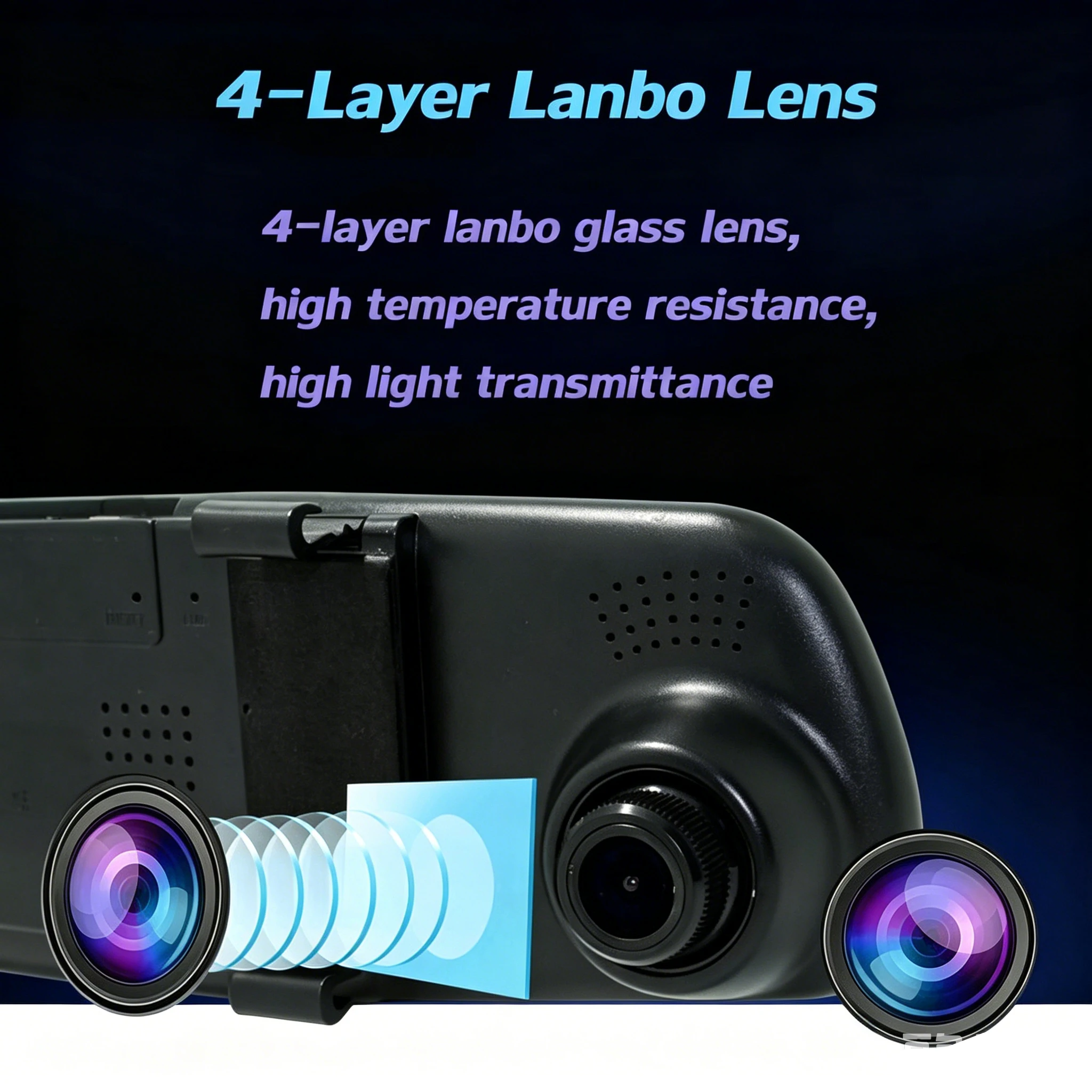 מצלמת דרך 4.3 אינץ' עם מראה, מקליט HD 1080P, עדשה כפולה, מצלמה אחורית אופציונלית לרכב, ראיית לילה וקווי סיוע לחניה