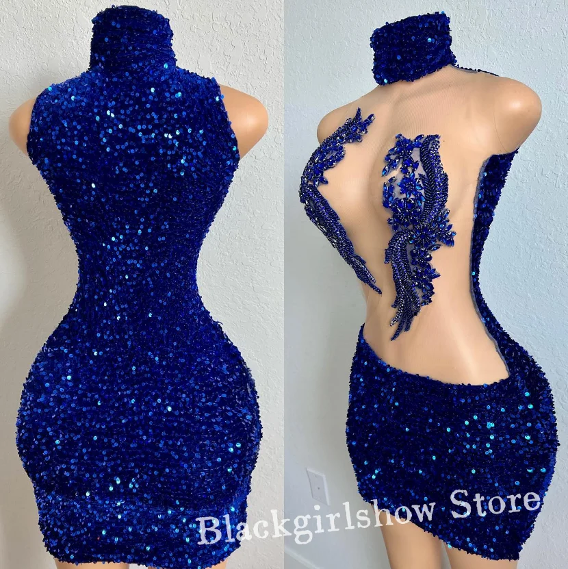 Royal Blue Short Cocktail Party Dress For Women Luxurious Sparkling Diamond Appliqu&eacute; Mini Sheer Black Girly Robes de Soir&eacute;e evening dresses cocktail dress