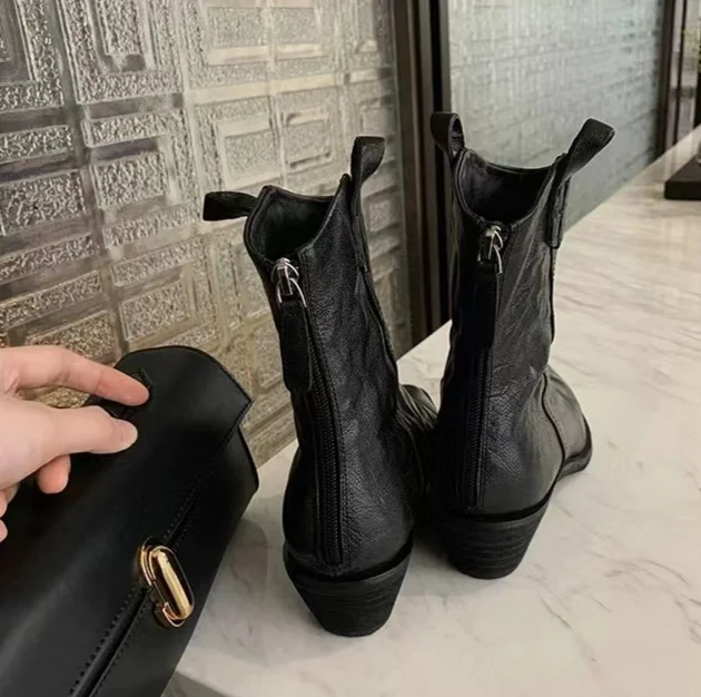 2024 Höst/vinter Ny Casual, spetsig V-ringad Cowboy Tjockklack Martin Kvinnors Korta Ben Långa Tunna Stövlar_voghion.com