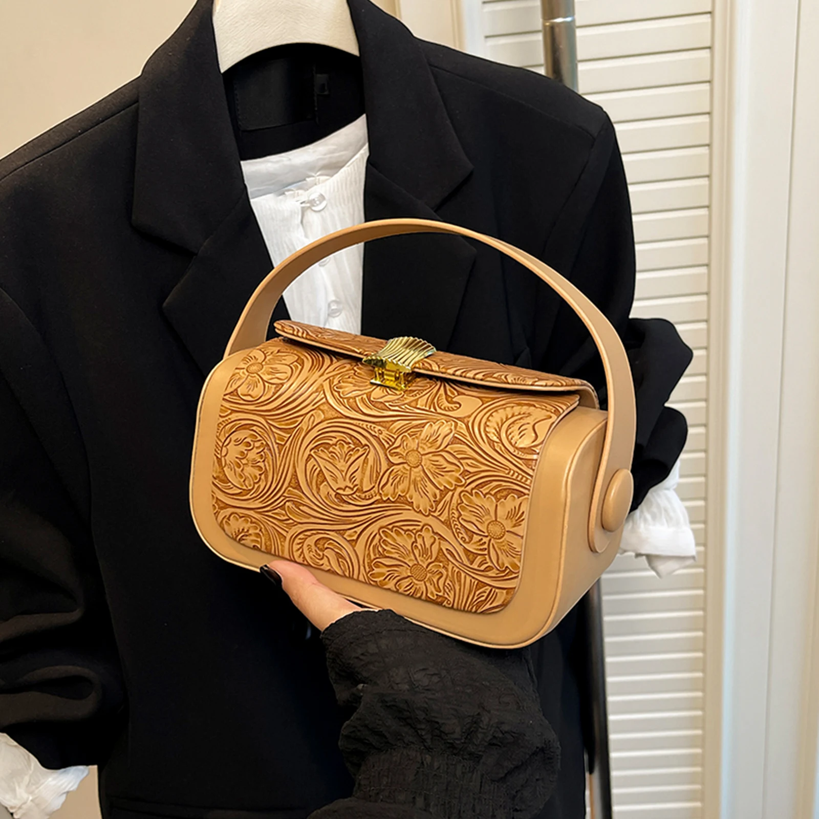 Women PU Leather Shoulder Bags Vintage Square Bags Floral Underarm Bag for Work Shopping Travel