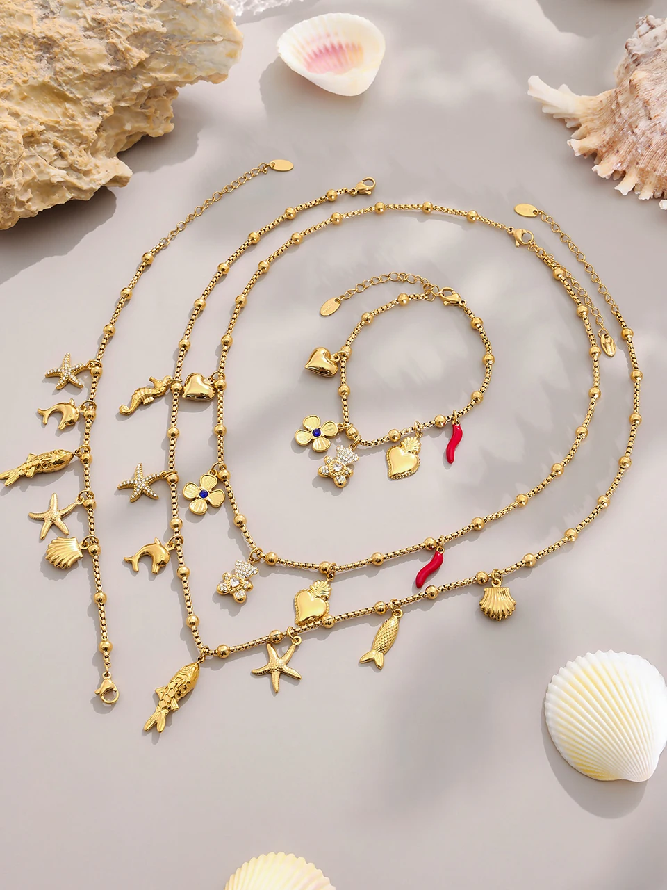 Edelstahl-Kettenhalskette, passendes Armband für Frauen, 18 Karat vergoldet, süße Charms-Halsketten, Armbänder, Schmuckset für Damen – Detail 7