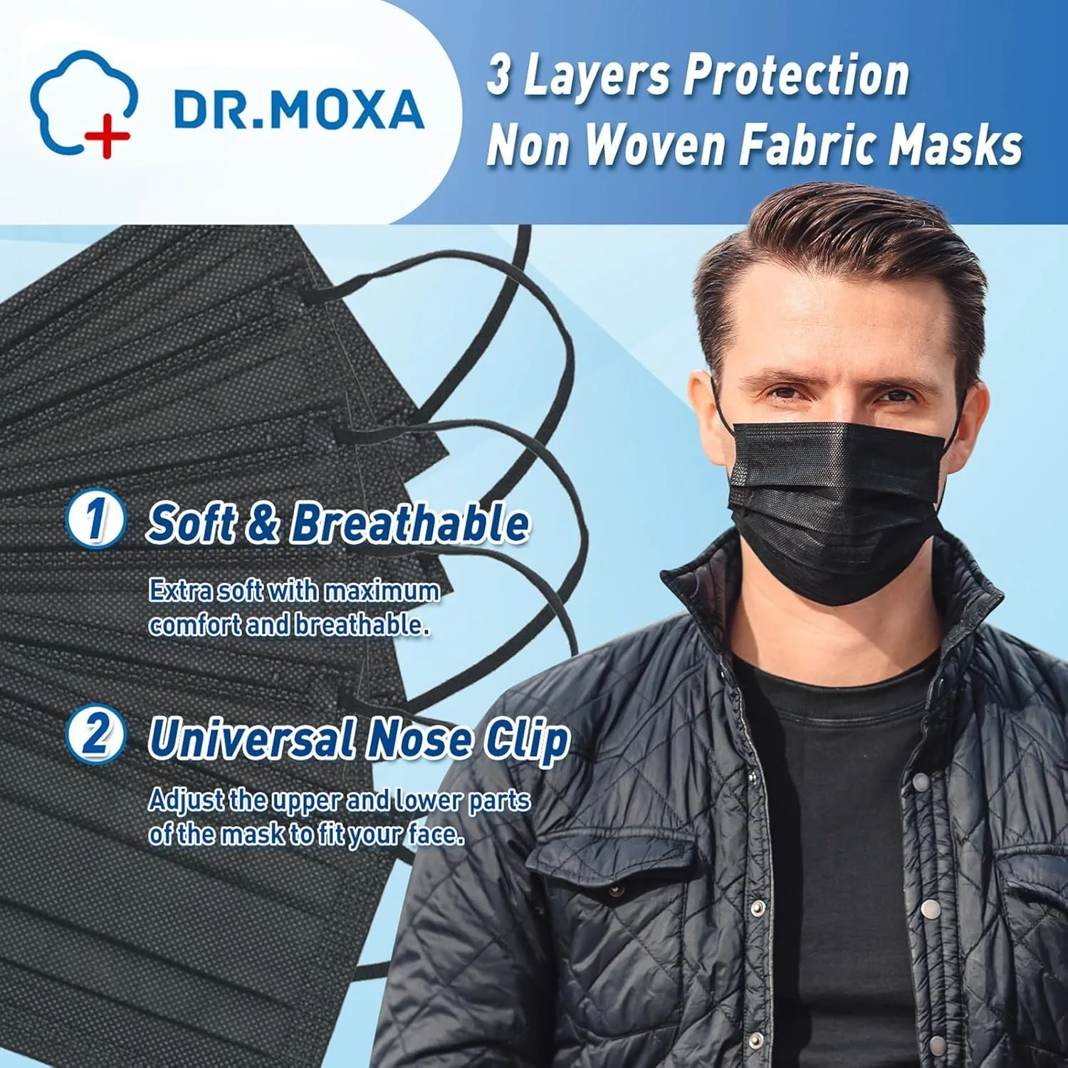 Lot de 100 ou 200 Masques Jetables 3 Plis pour Adultes