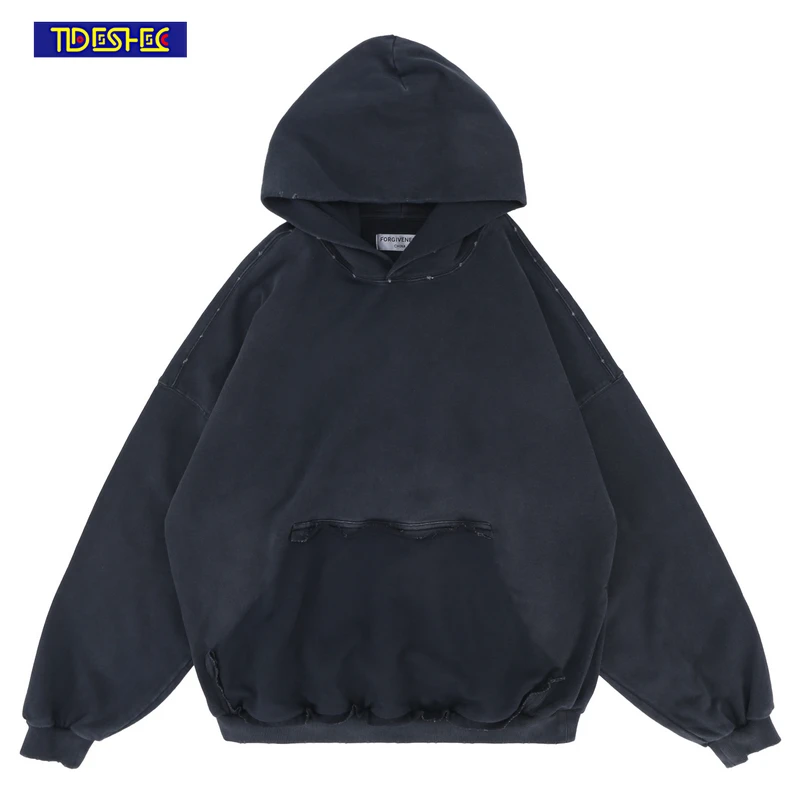 

Hip Hop Streetwear Men Reverse Design Hoodies Vintage Sweatshirts 100% Cotton Casual Solid Color Hooded Pullover Loose Clothes