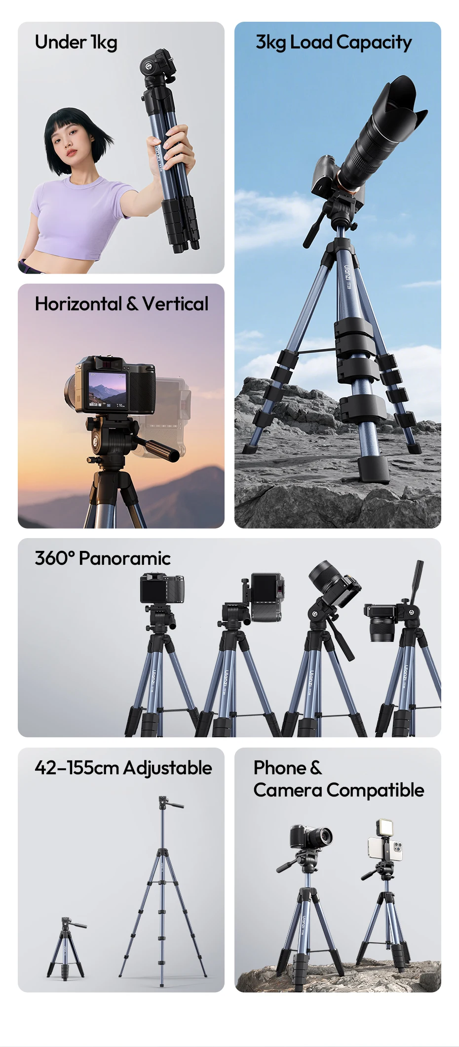  TT39 Video Tripod Horizontal&Vertical Tripod for Camera DSLR Smartphone Video
