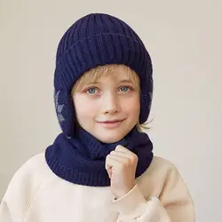 Winter Children Hat Scarf Set Printed Thickened Elastic Warm Anti-slip Soft Dome Windproof Ear Neck Protection Cap Neck Warp Set