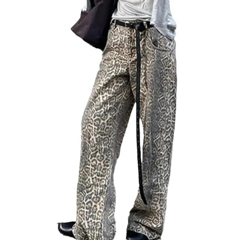 

Unisex Jeans Leopard Print High Street Retro Wide Leg Loose Hip Hop Pockets Zipper Closure Women Men Long Denim Trousers