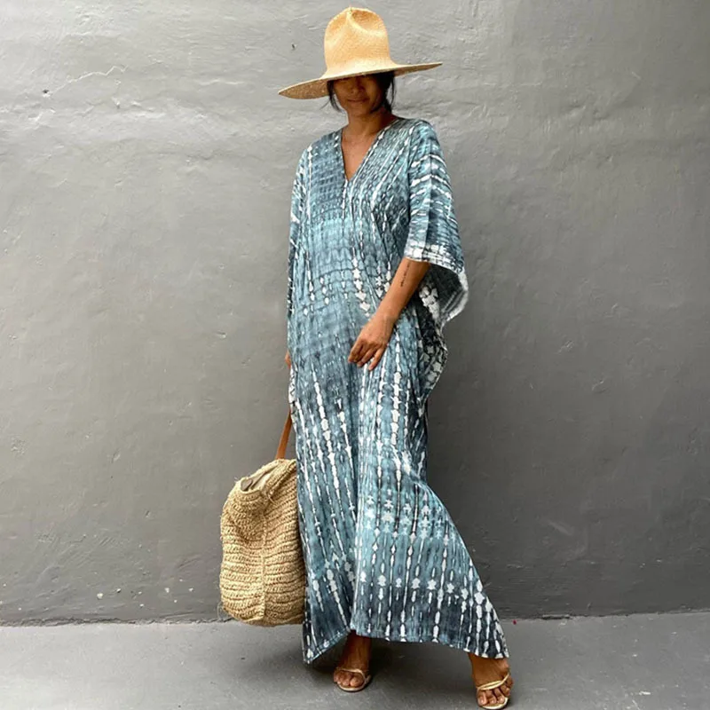 Fashion Casual Striped Print Long Dresses Women Bohemian V-neck Bat Sleeve Loose Slit Beach Dress Summer New Beachwear Vestidos 54 Fashion Casual Striped Print Long Dresses Women Bohemian V-neck Bat Sleeve Loose Slit Beach Dress Summer New Beachwear Vestidos