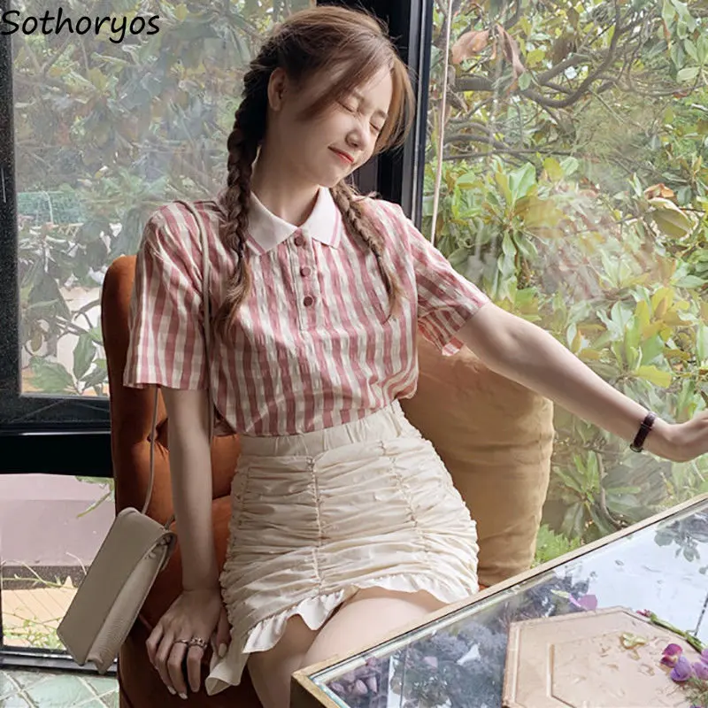 

Sets Women Summer Plaid Tops Fashion Korean Style Simple High Waist Design A-line Skirts Leisure College New Ins Two Pieces Chic