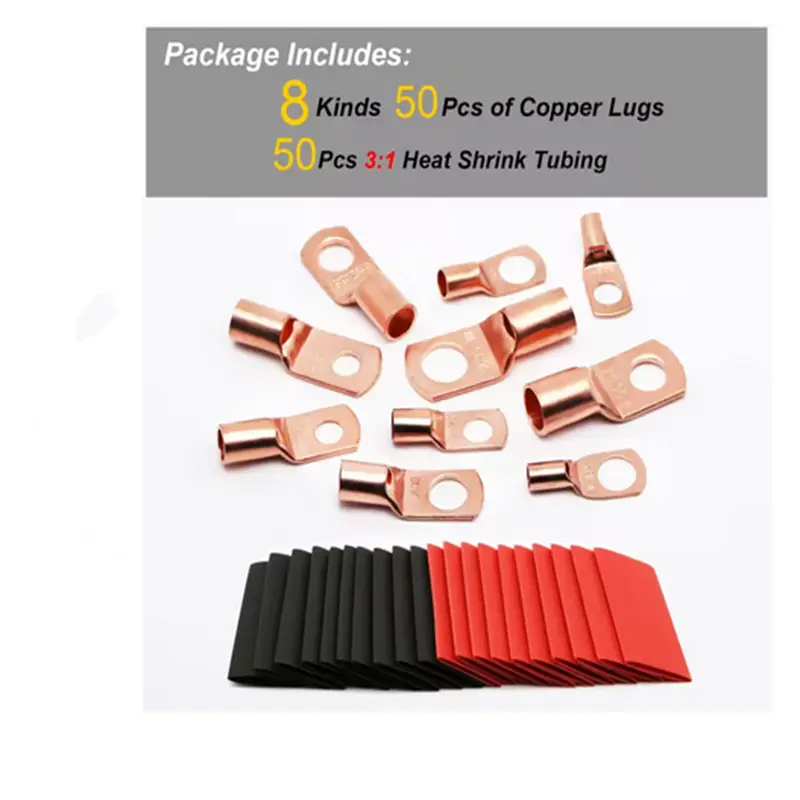 100pcs Copper Terminal Connectors, AWG 4 6 8 10 12 Ring Lug Kit With Shrink Tubing 50 Battery Cable Lugs, With 50 Shrink Tubing image 3