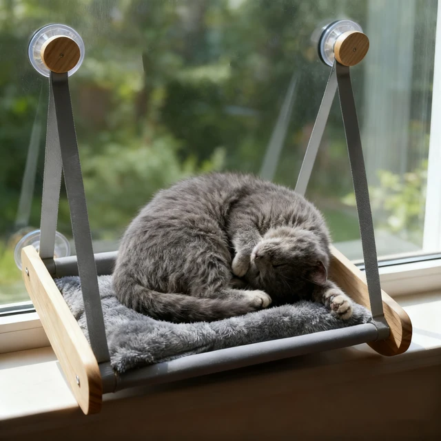 Wooden Cat Hammock with Suction Cups, Wall Mounted Sunning Lounge with Plush Pad - Cozy Hanging Bed for Indoor Cats 4