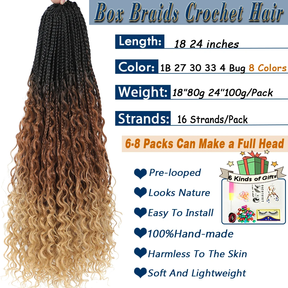 Ombre Box Braids Crochet Hair 18 24 Inches Long With Curly Ends 8 Colors