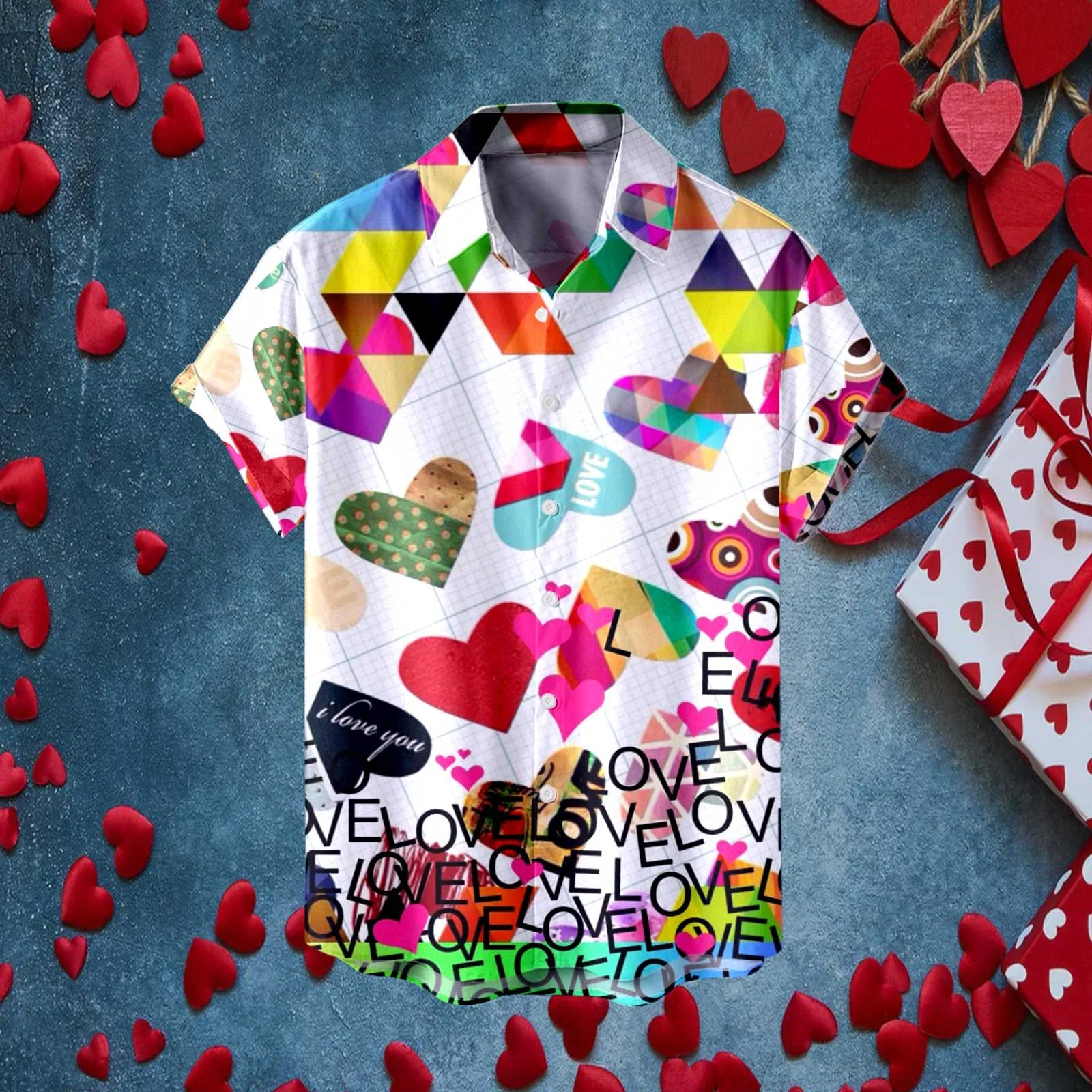 

Mens Fashion Valentines Day Print Short Sleeve Shirts Summer Lapel Button Top Shirt Mens And Womens Casual Daily Wear Beachwear