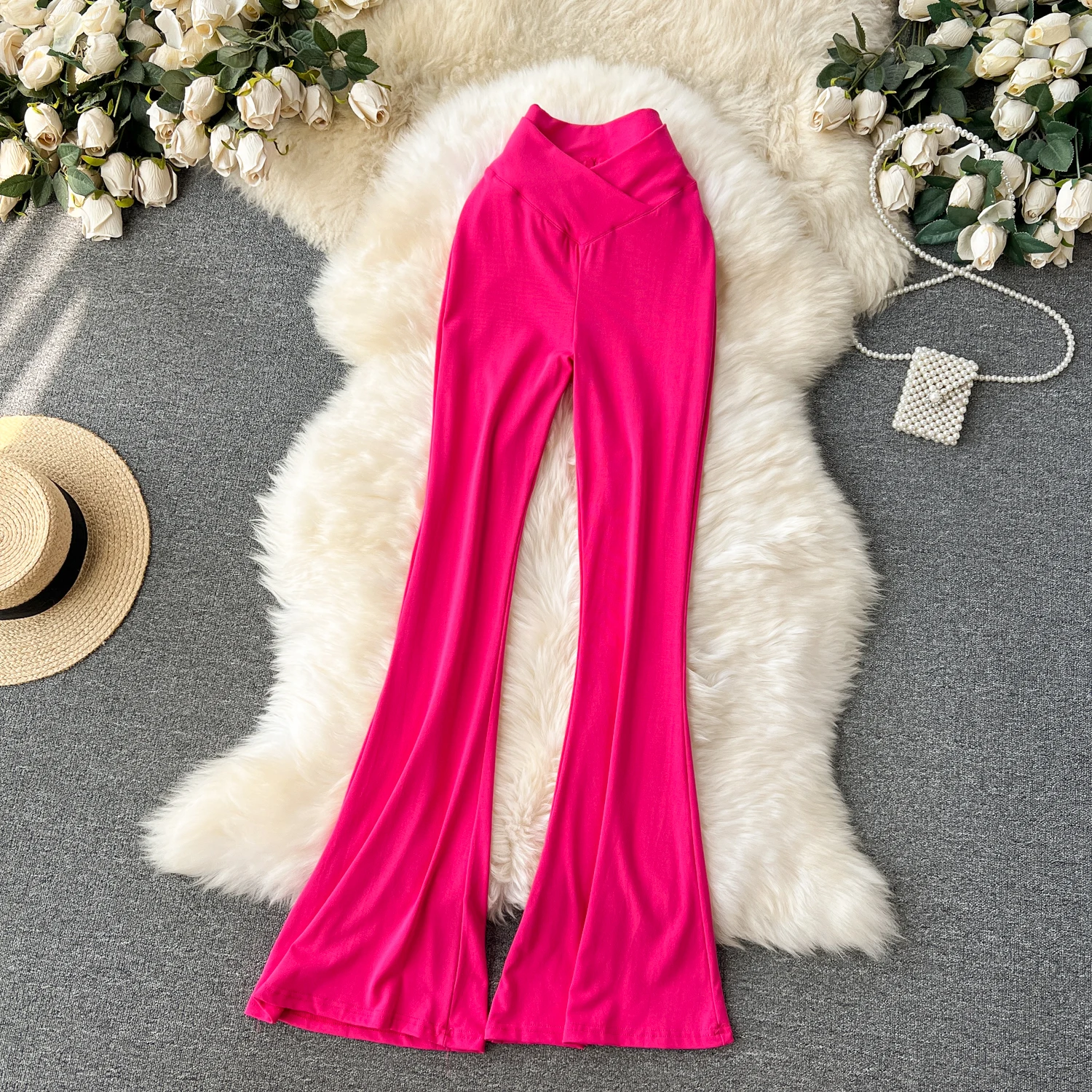 Women Solid High Waist Flare Pants Wide Leg Korean Fashion Elegant Casual Vintage Autumn Streetwear Clothing