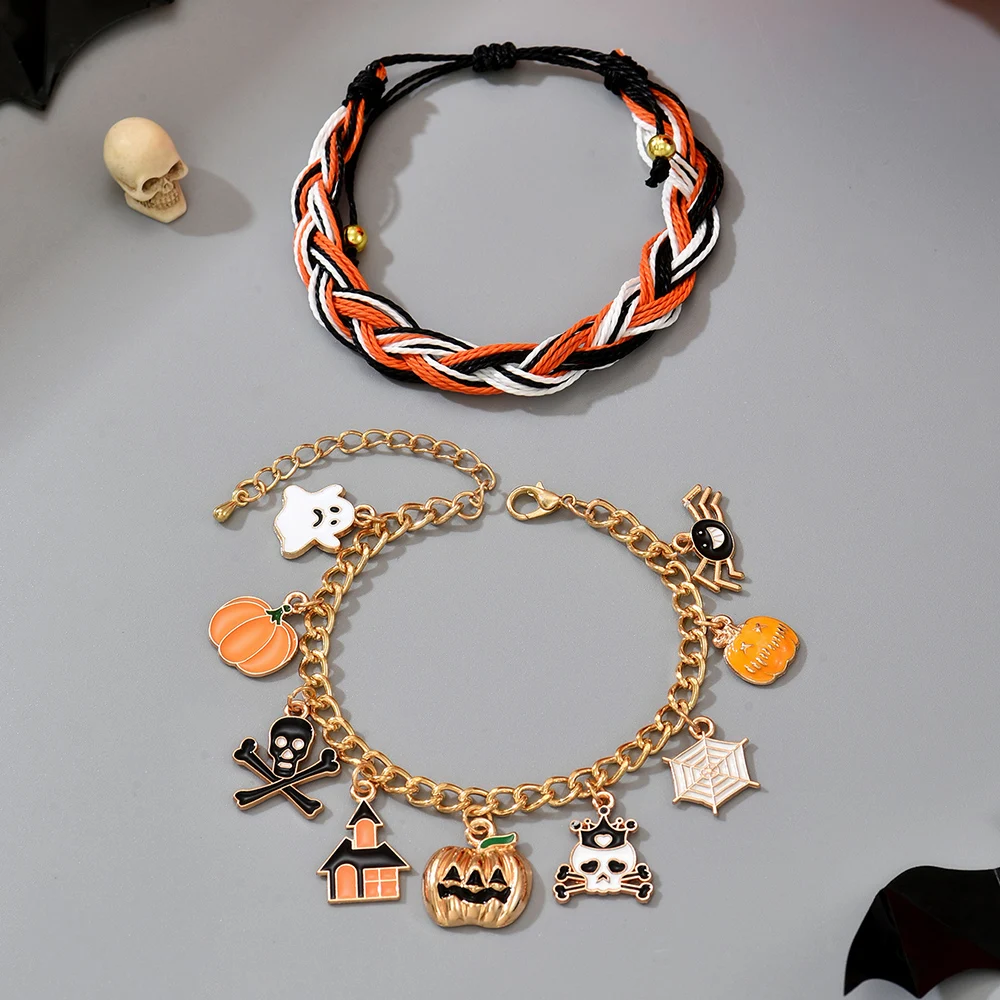 Halloween Party Theme Handmade Braided Bracelet Set Elegant Punk Gothic Style Unique Niche Design Adjustable Bracelet