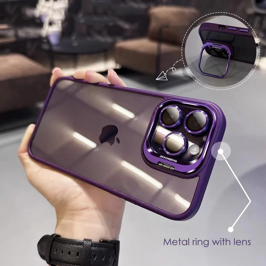 Lens Metal Ring Protector Stand Phone Case For IPhone 13 11 12 14 15 16 Pro Max Plus Camera Glass Lens Film Transparent PC Cover Bags & Storage Items Waterproof phone cases