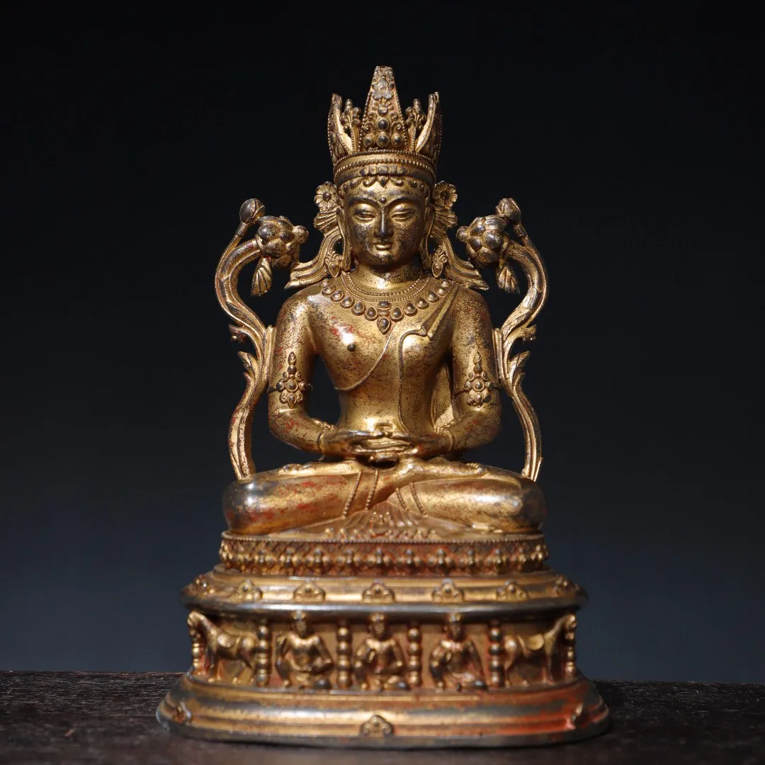 

Tibetan Nepalese brass, clay gold, five Buddhas, the western Amitabha Buddha ornaments, home Buddhist hall supplies, 25cm