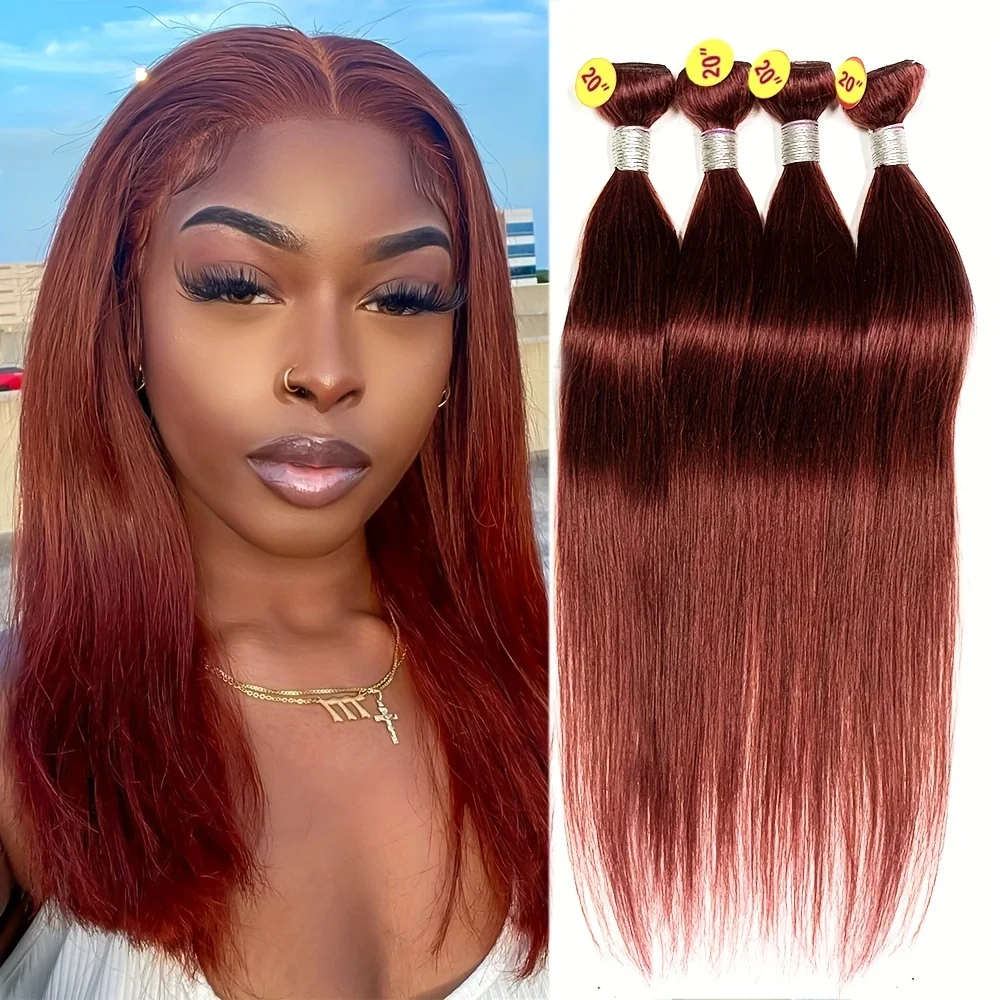 33# Auburn Reddish Brown Colored Bone Straight Bundles With Frontal Closure 4x4 Peruvian Lace Closure With Bundles Hair Weave