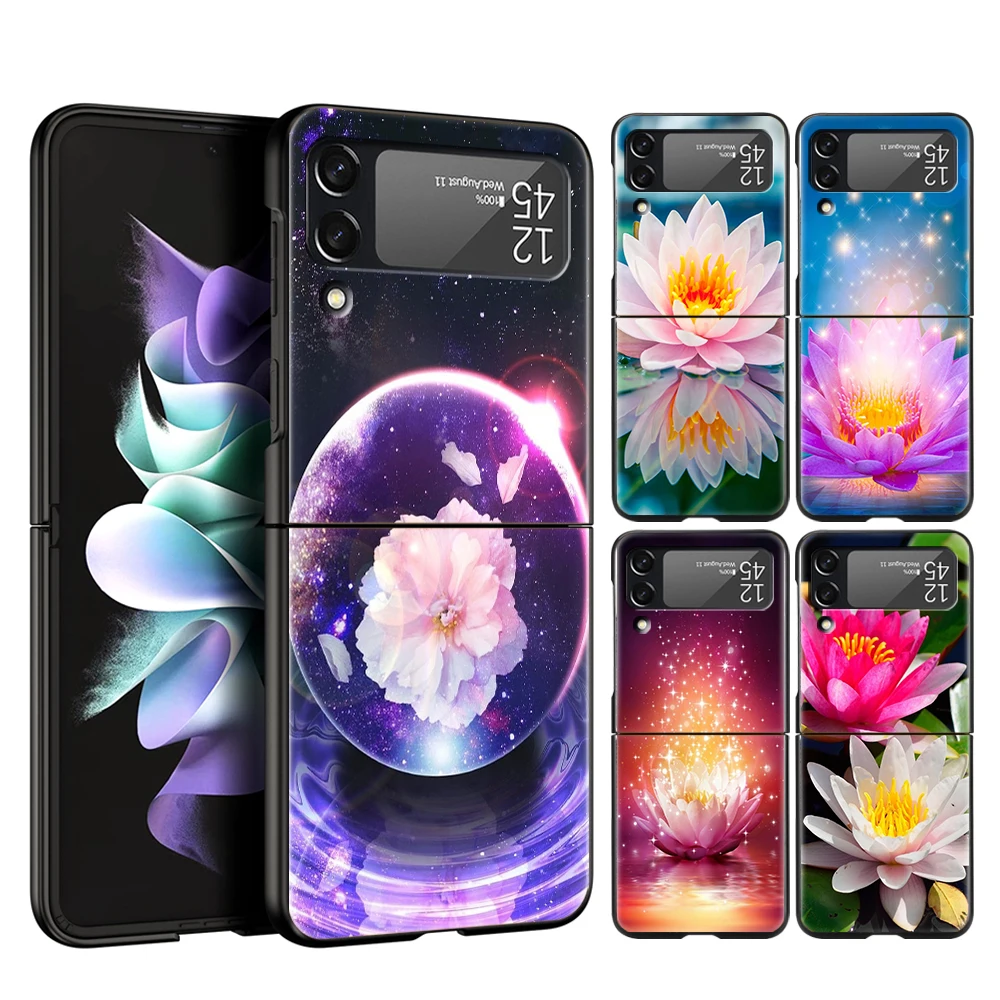 Lotus Blue White Flowers Cover Per Telefono Per Samsung Galaxy Z Flip 4 Custodia Nera Per Samsung Z Flip 3 Hard Pc Luxury Folding Shell