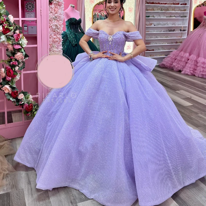 

Lavender Lilac Shiny Quinceanera Dress Off The Shoulder Ball Gown Crystal Beading Tull Sweet 16 Vestido De 15 Anos