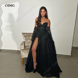 OIMG 2023 Black Lace Flowers Long Prom Dresses Sleeveless Sweetheart Evening Cocktail Dress Side Slit Wedding Party Gowns
