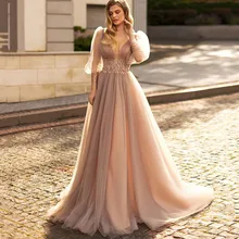 Modern Deep V-Neck Evening Dress With 3/4 Lantern Sleeve A-Line Simple Backless Prom Gown Lace Appliques Tulle Robe De Soirée