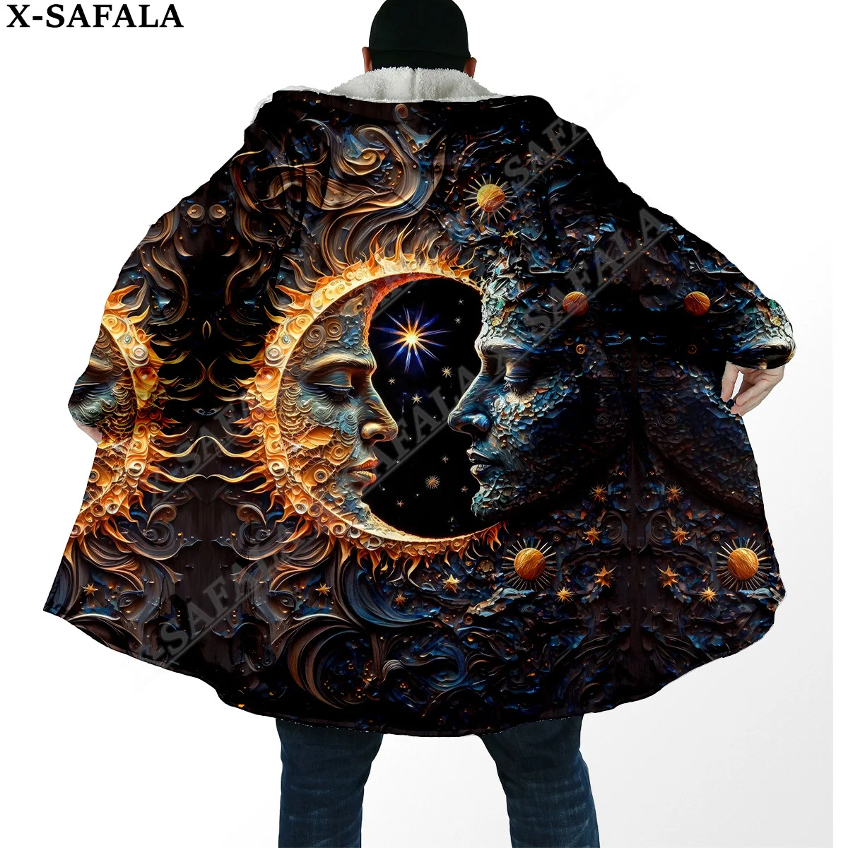 

Harmony Sun and Moon Trippy Psychedelic Overcoat Coat 3D Print Thick Warm Hooded Cloak Men Windproof Fleece Unisex Casual-3