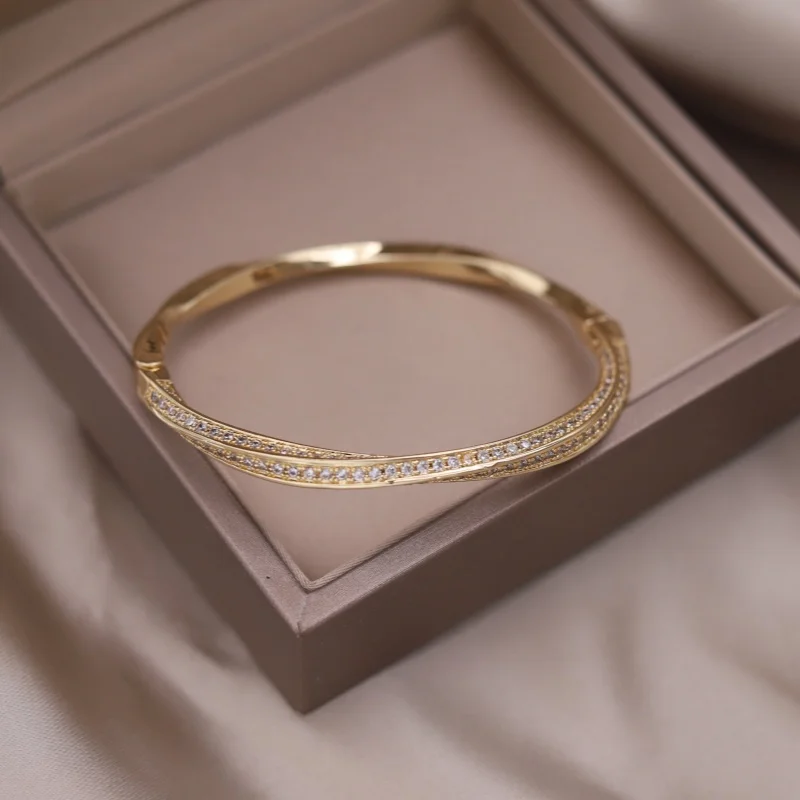 French Design Fashion Jewelry 14K Gold Plated Zircon Twist Closed Bracelet Women's Party Accessories bangle bracelet zircon bracelet