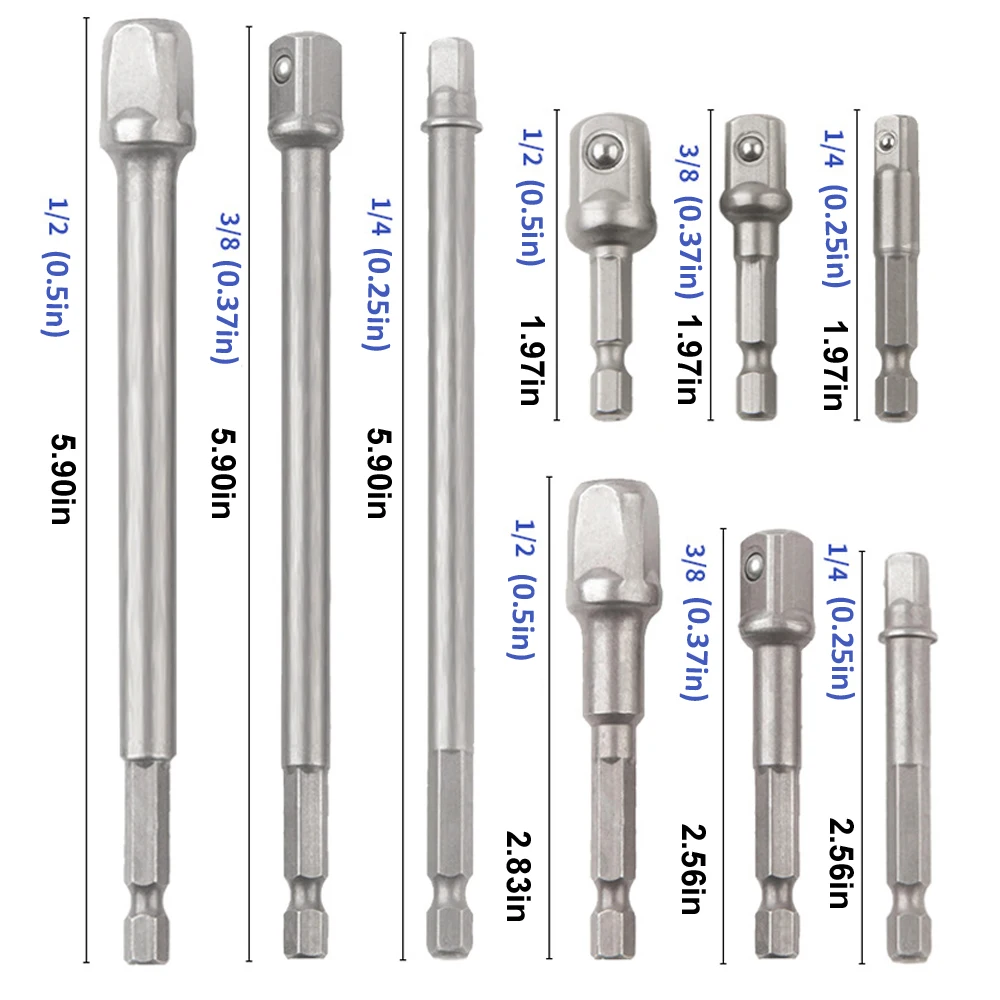 

9pcs 3 Nozzle for 1/4" 3/8" 1/2" Vanadium Steel Hex Drill Tools Sets Shank Socket Adapter Extension Bar for Wrenches Screwdriver