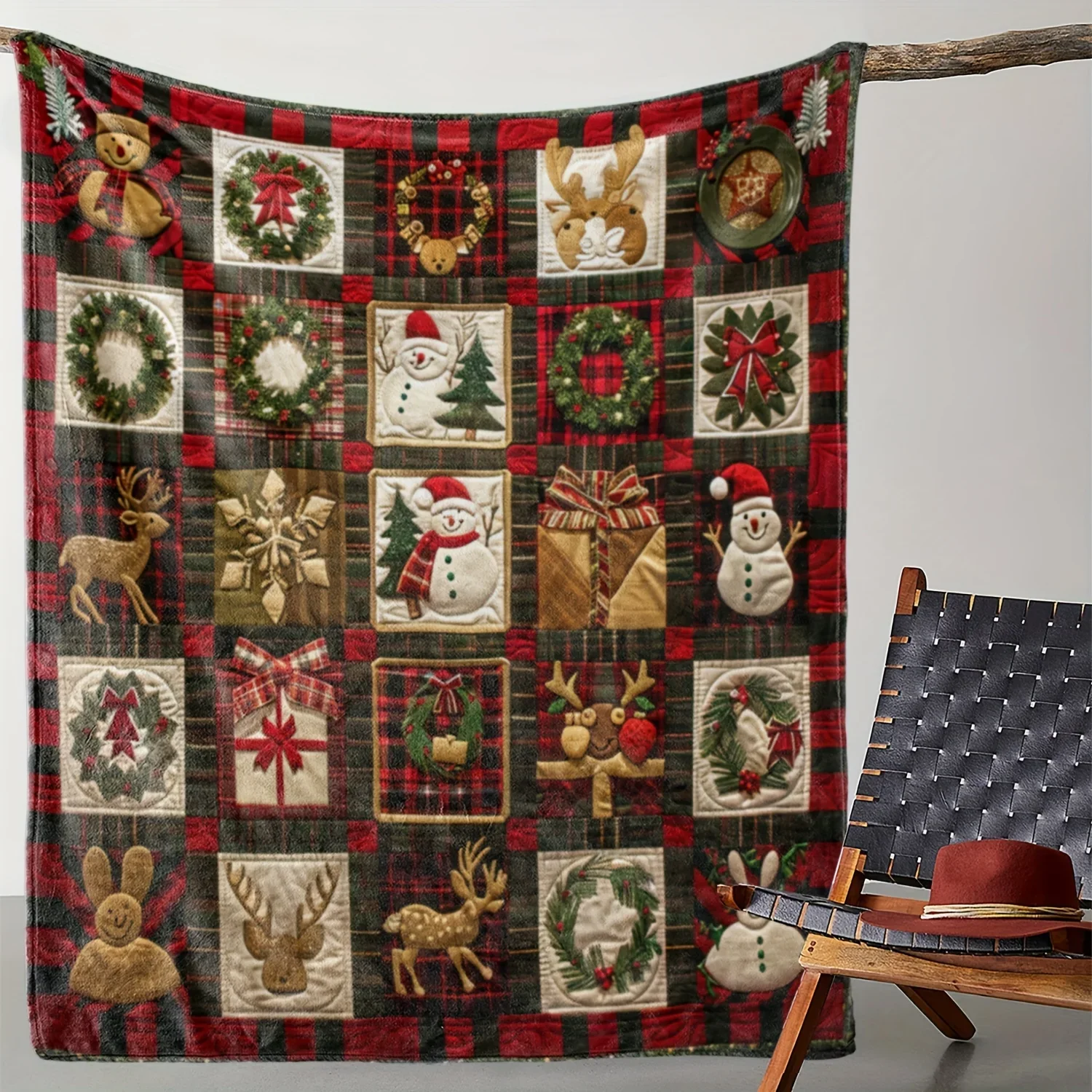 Cozy Festive Christmas Blanket - Vintage-Inspired Wreath, Snowman, Reindeer, and Gift Grid Printed Soft Flannel Throw with Warm