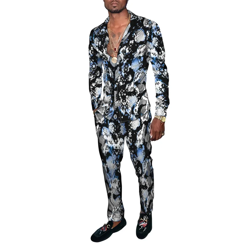 Hawaiian Shirt Suit 3D Serpentine Print 2PCS Set Striped Check Fashion Breathable Men Long Sleeve Shirt  Pants Two Piece Suits 5