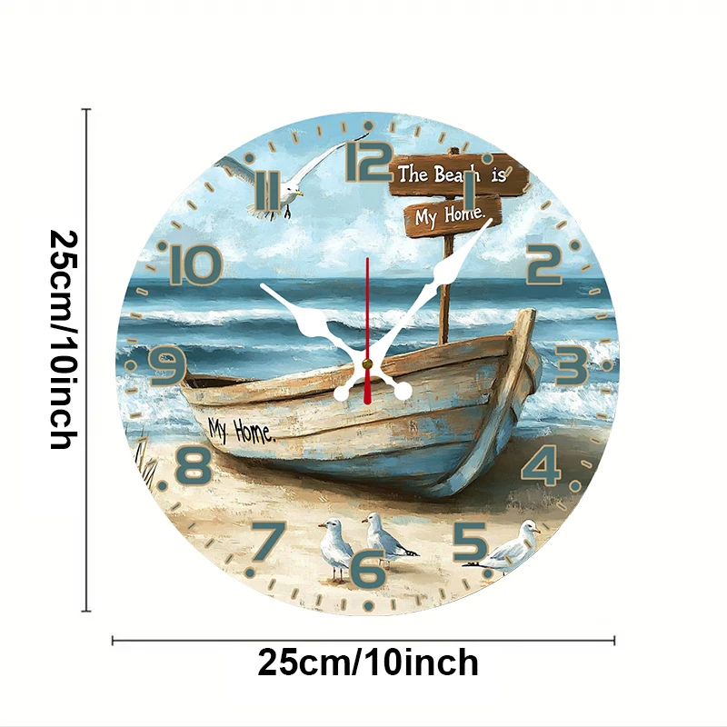 ビーチボート木製ラウンドサイレントハンギング壁掛け時計、リビングルーム、オフィス、勉強部屋、寝室、家の装飾に最適