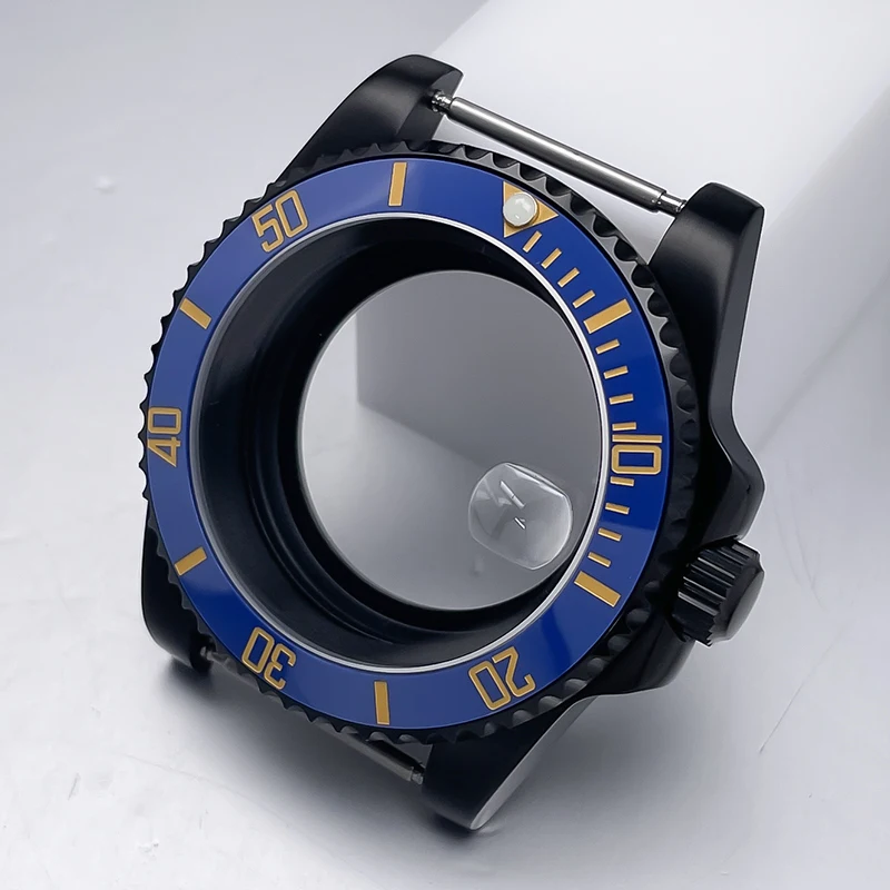 All-Black Sub Style Watch Case with Rubber Strap and Sapphire Crystal