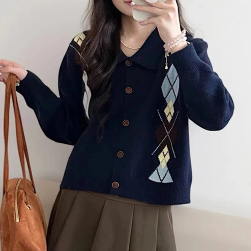 Autumn and Winter Fashion Women's Clothing New Women's Cardigan Rhombus Long-sleeved Sweater Lapel Single-breasted Knitwear Top